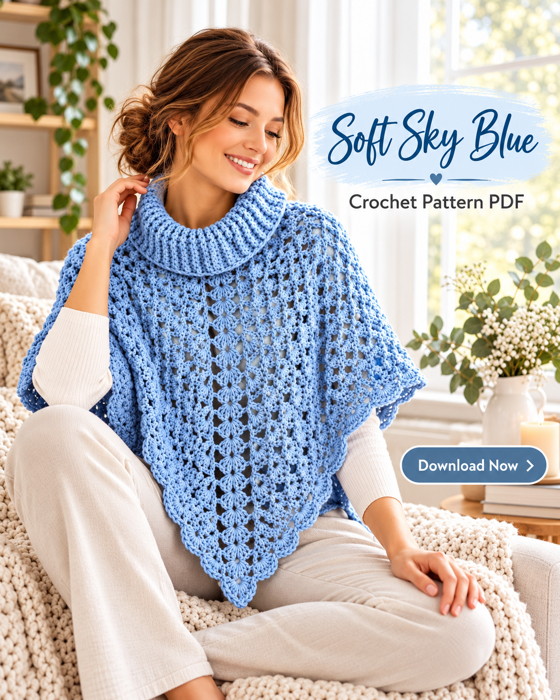 Crochet Turtleneck Poncho Pattern PDF – Lace Poncho for Women