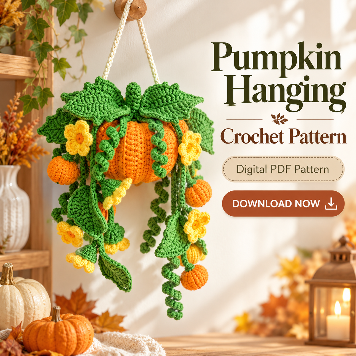 Pumpkin Hanging Plant Crochet Pattern PDF – Fall Wall Decor