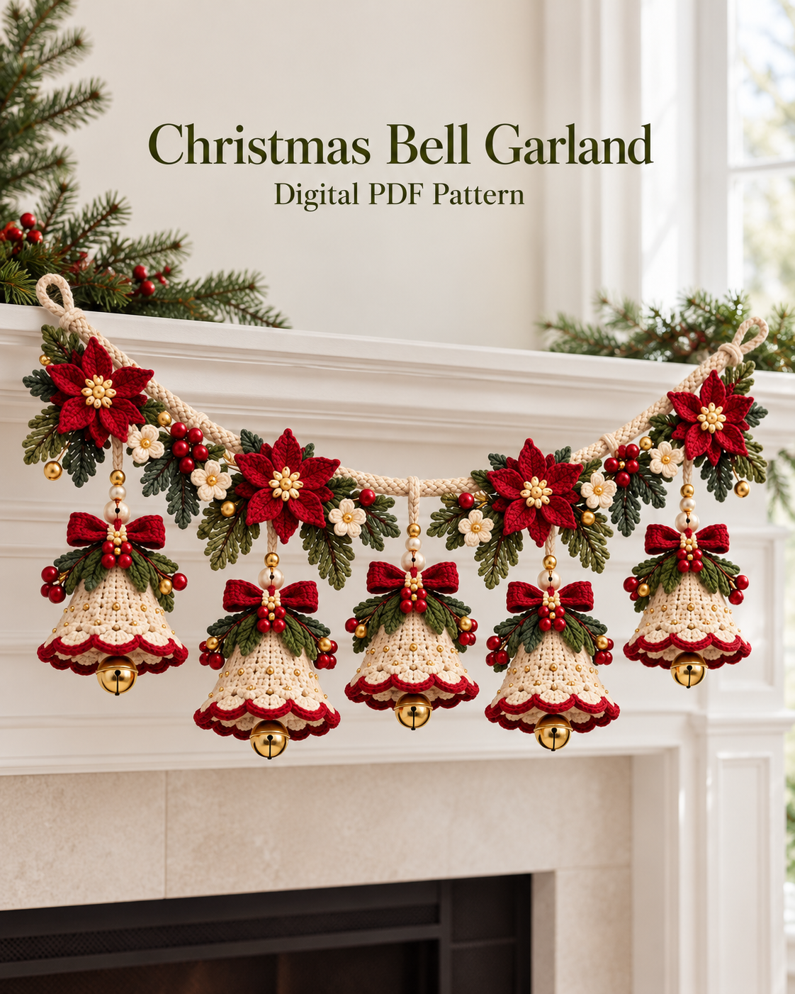 Christmas Bell Garland Crochet Pattern PDF – Poinsettia & Bows