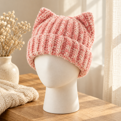 Cat Ear Crochet Hat Pattern PDF, Easy Plush Ribbed Beanie for Adults