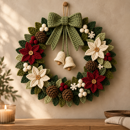 Crochet Christmas Wreath Pattern PDF – Poinsettia Holiday Door Wreath