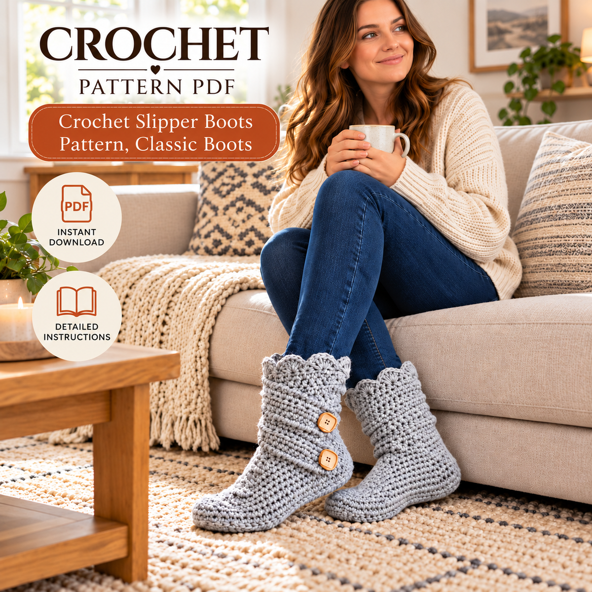 Crochet Slipper Boots Pattern PDF – Cozy Women's House Slippers