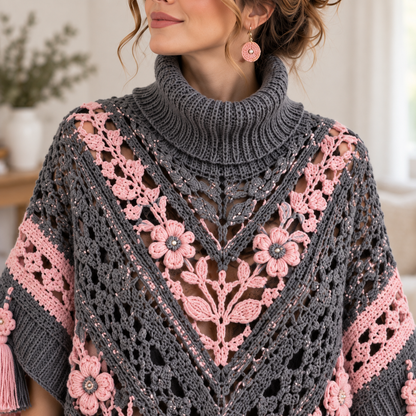 Rosewood Floral Crochet Poncho Pattern PDF – Boho Turtleneck Cape