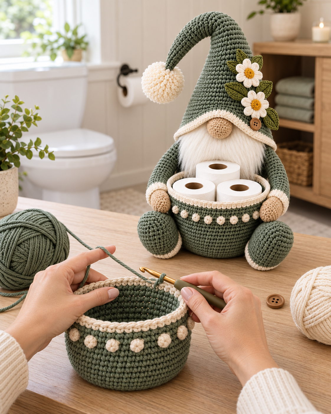 Gnome Toilet Paper Holder Crochet Pattern PDF – Bathroom Storage Basket