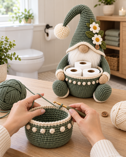 Gnome Toilet Paper Holder Crochet Pattern PDF – Bathroom Storage Basket