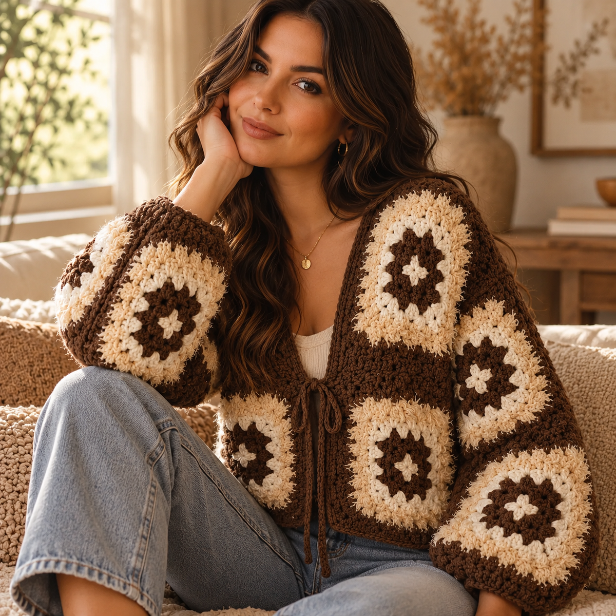 Fuzzy Granny Square Cardigan Crochet Pattern PDF – Cropped Sweater XS–5XL