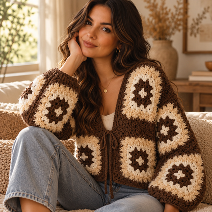Fuzzy Granny Square Cardigan Crochet Pattern PDF – Cropped Sweater XS–5XL