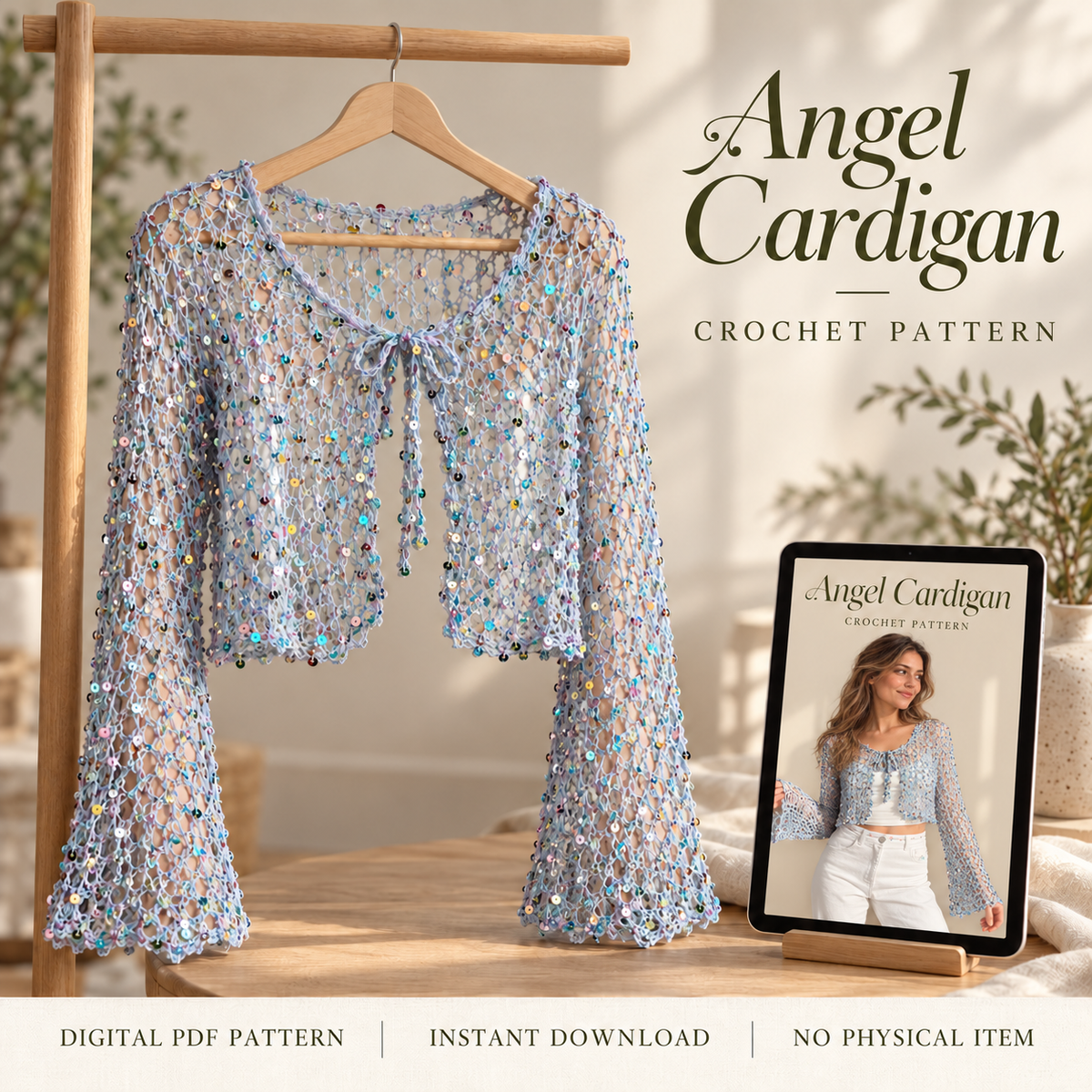 Angel Cardigan Crochet Pattern PDF – Sequin Mesh Tie-Front Cardigan