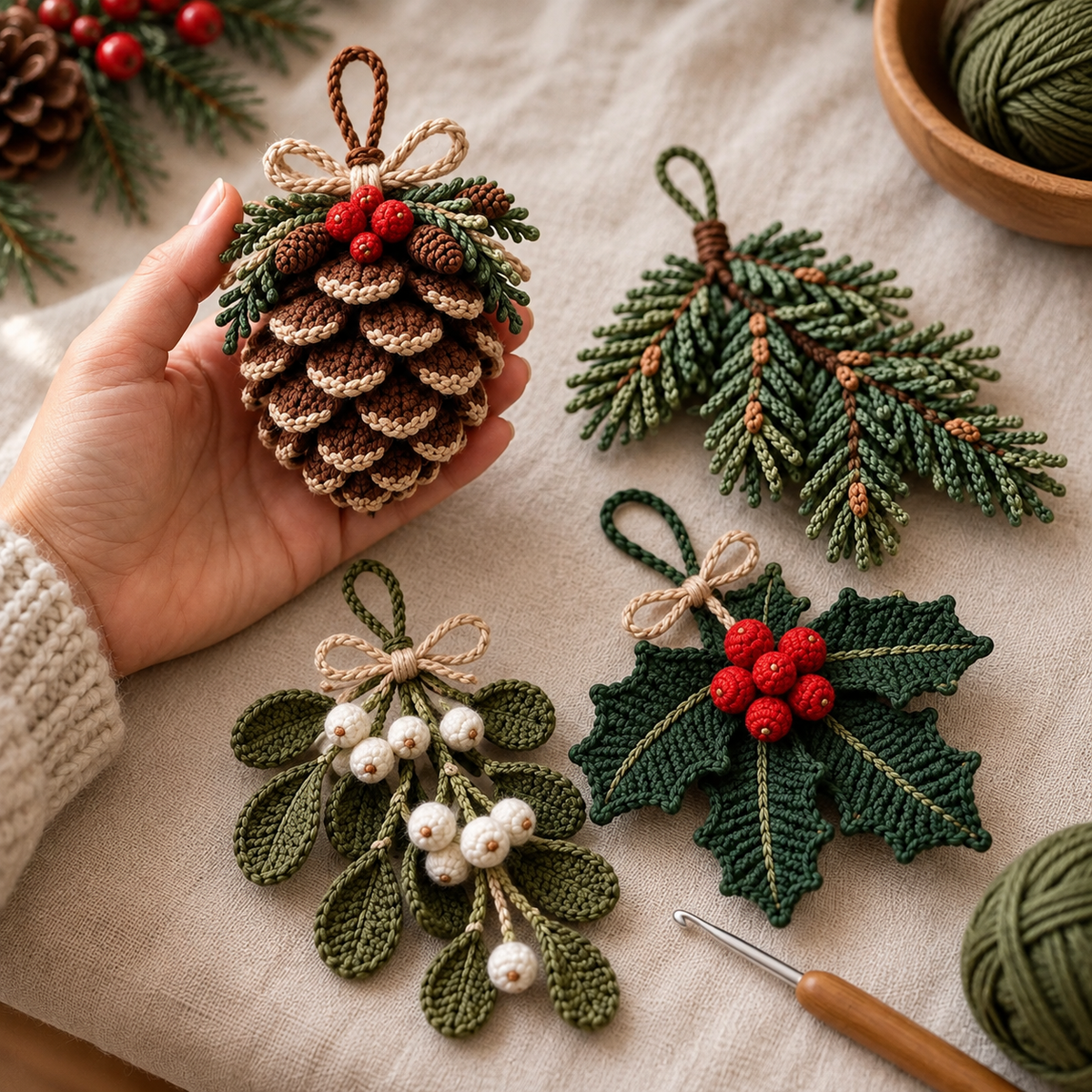 Christmas Crochet Ornament Pattern Bundle PDF – Pinecone, Holly & Mistletoe