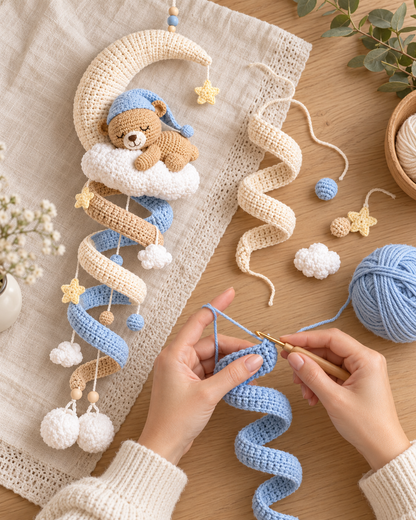 Sleeping Teddy Bear Moon Crochet Pattern PDF – Nursery Spiral Hanging