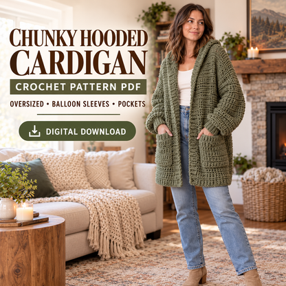 Chunky Crochet Cardigan Pattern PDF | Oversized Hooded Jacket with Pockets