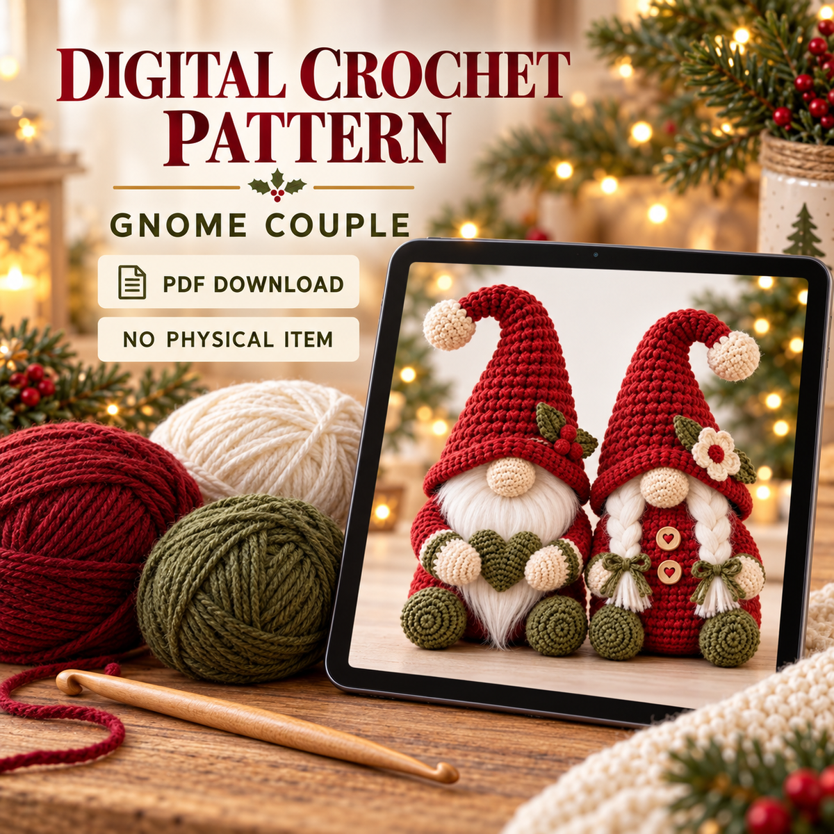 Christmas Gnome Couple Crochet Pattern PDF, Male & Female Amigurumi Shelf Sitters