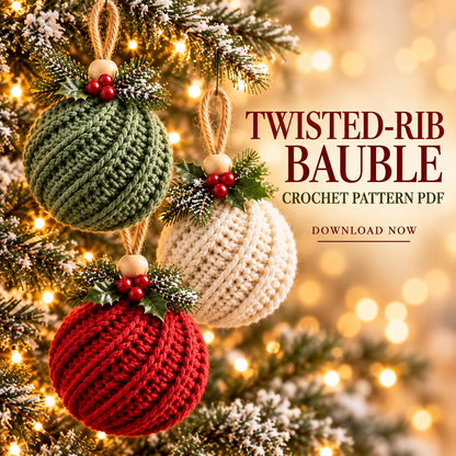 Crochet Christmas Ornament Pattern PDF, Twisted Rib Bauble, Wooden Bead & Linen Bow