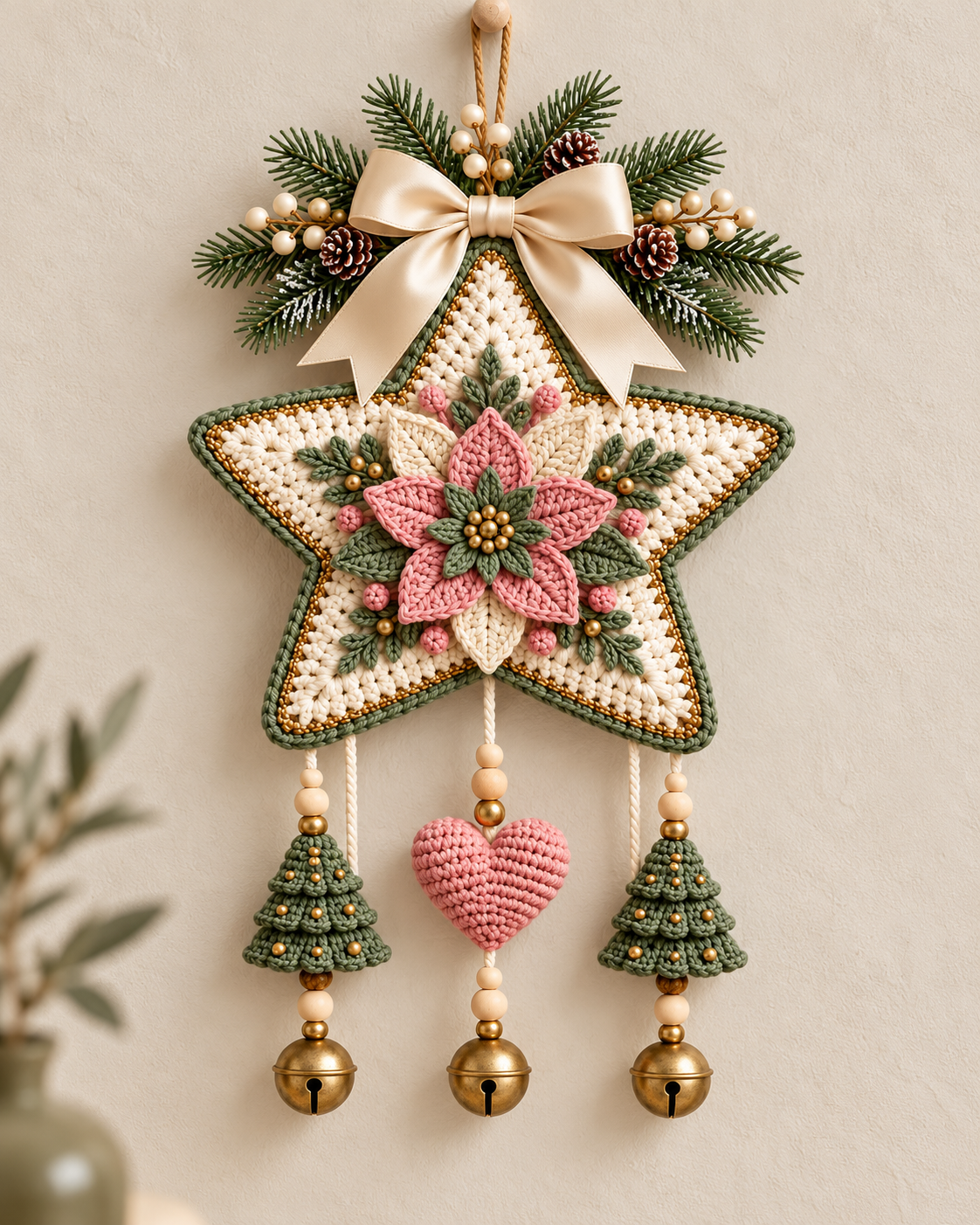 Crochet Christmas Star Door Hanging Pattern PDF – Poinsettia & Bells