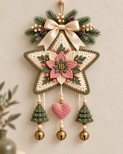 Crochet Christmas Star Door Hanging Pattern PDF – Poinsettia & Bells