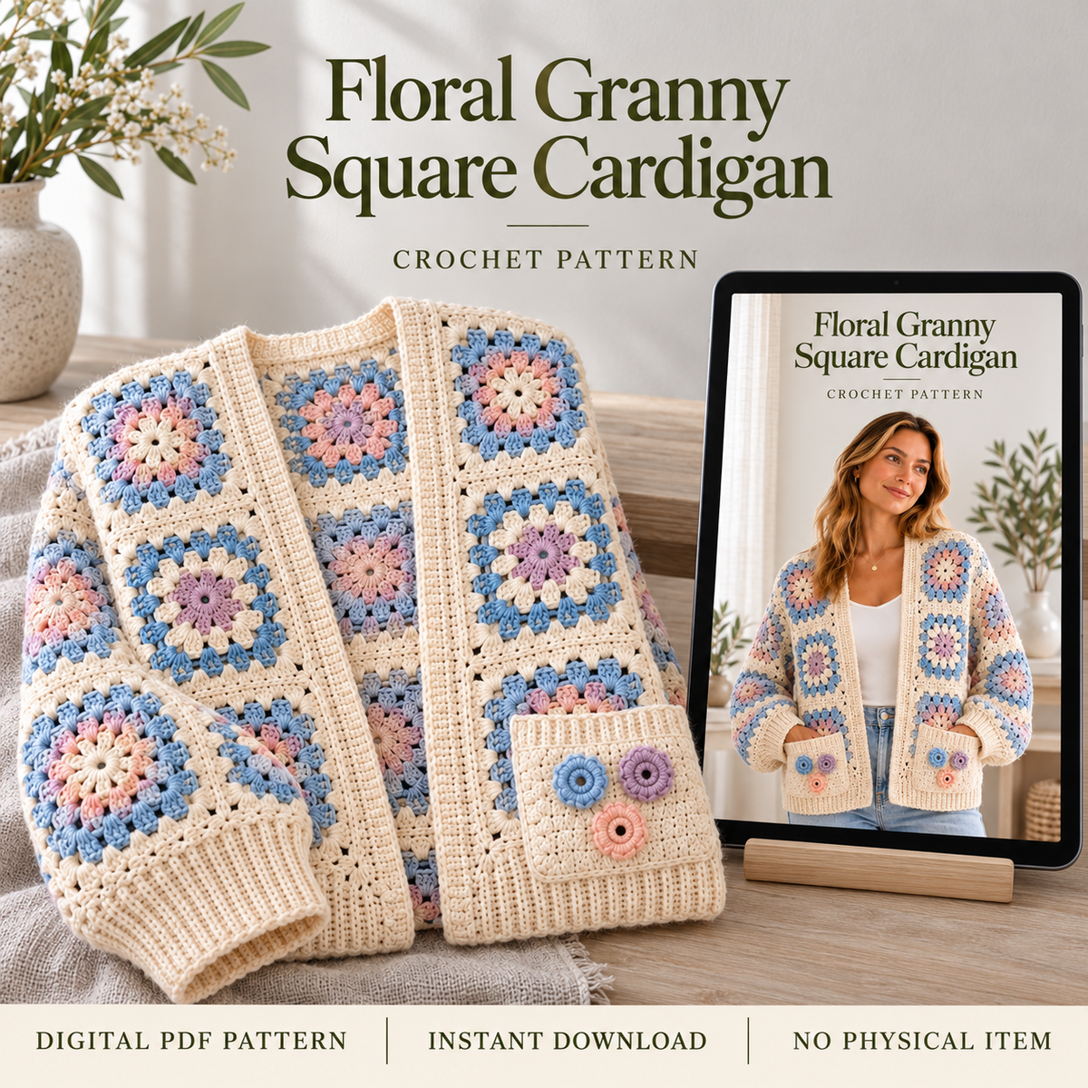 Floral Granny Square Cardigan Crochet Pattern PDF – Boho Flower Sweater