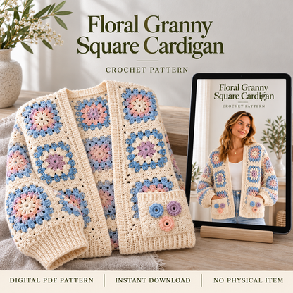 Floral Granny Square Cardigan Crochet Pattern PDF – Boho Flower Sweater