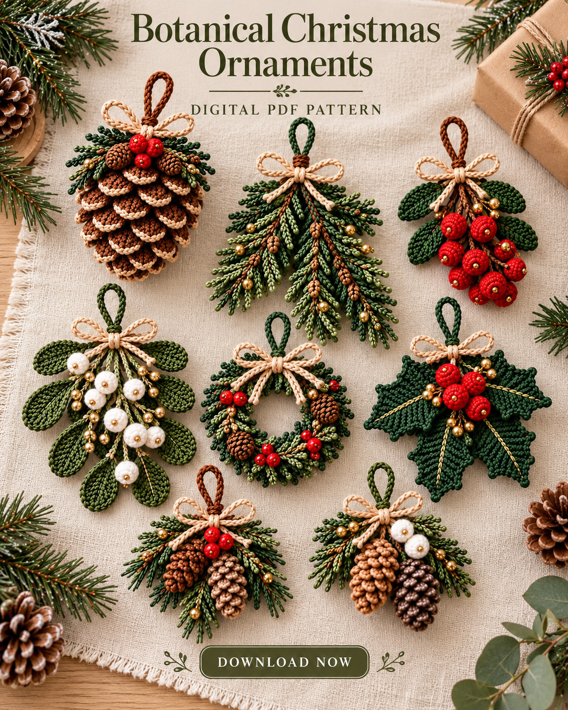 Christmas Botanical Ornament Crochet Pattern Bundle PDF – 4 Designs