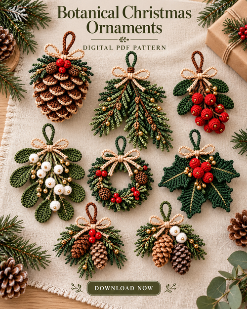Christmas Botanical Ornament Crochet Pattern Bundle PDF – 4 Designs
