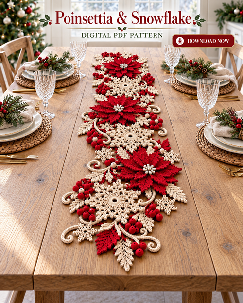Poinsettia Snowflake Crochet Table Runner Pattern PDF – Christmas Decor