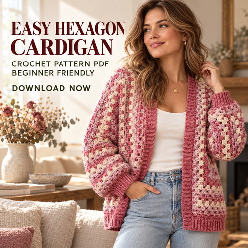 Easy Hexagon Cardigan Crochet Pattern PDF, Beginner Granny Hexi Sweater, XS–5XL