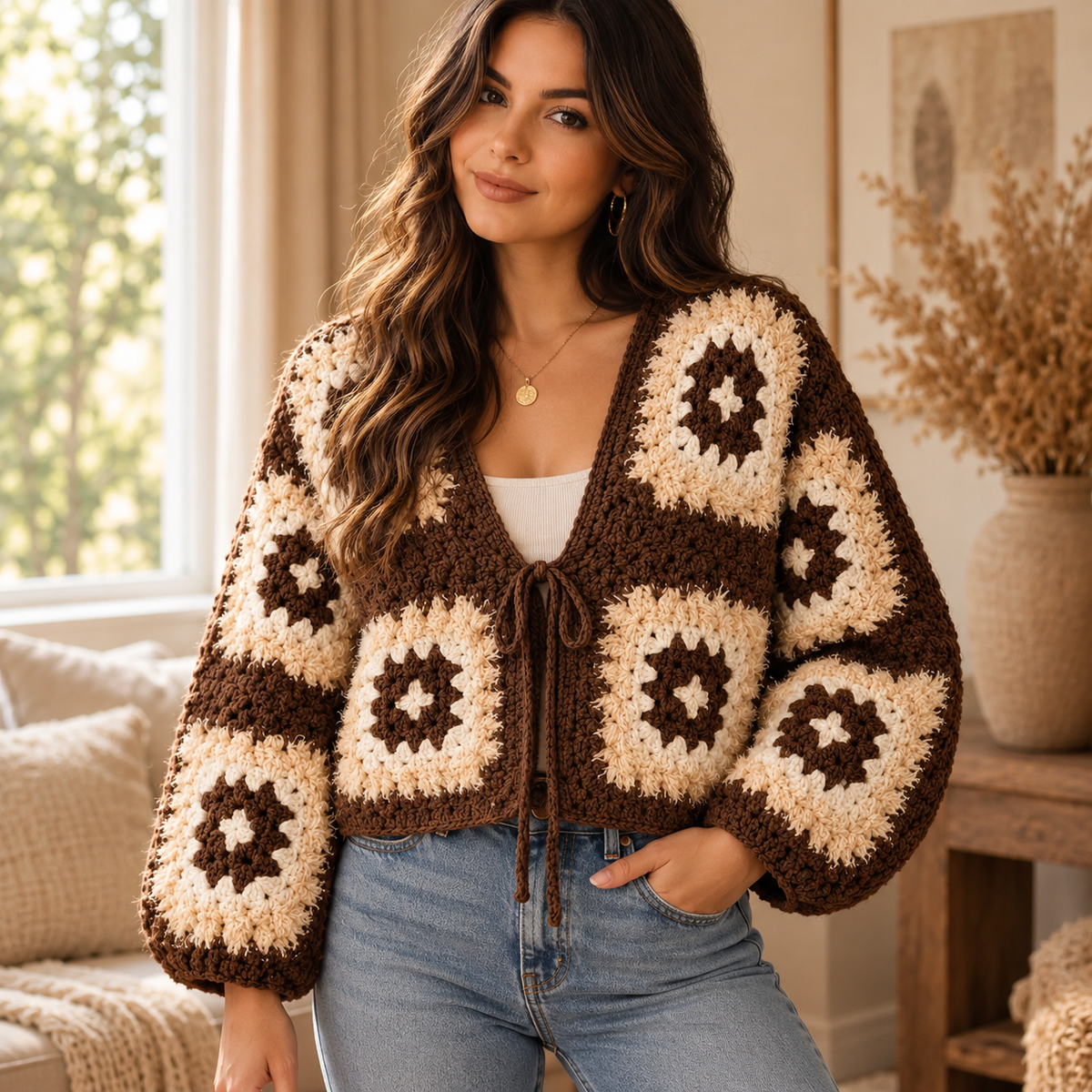 Fuzzy Granny Square Cardigan Crochet Pattern PDF – Cropped Sweater XS–5XL