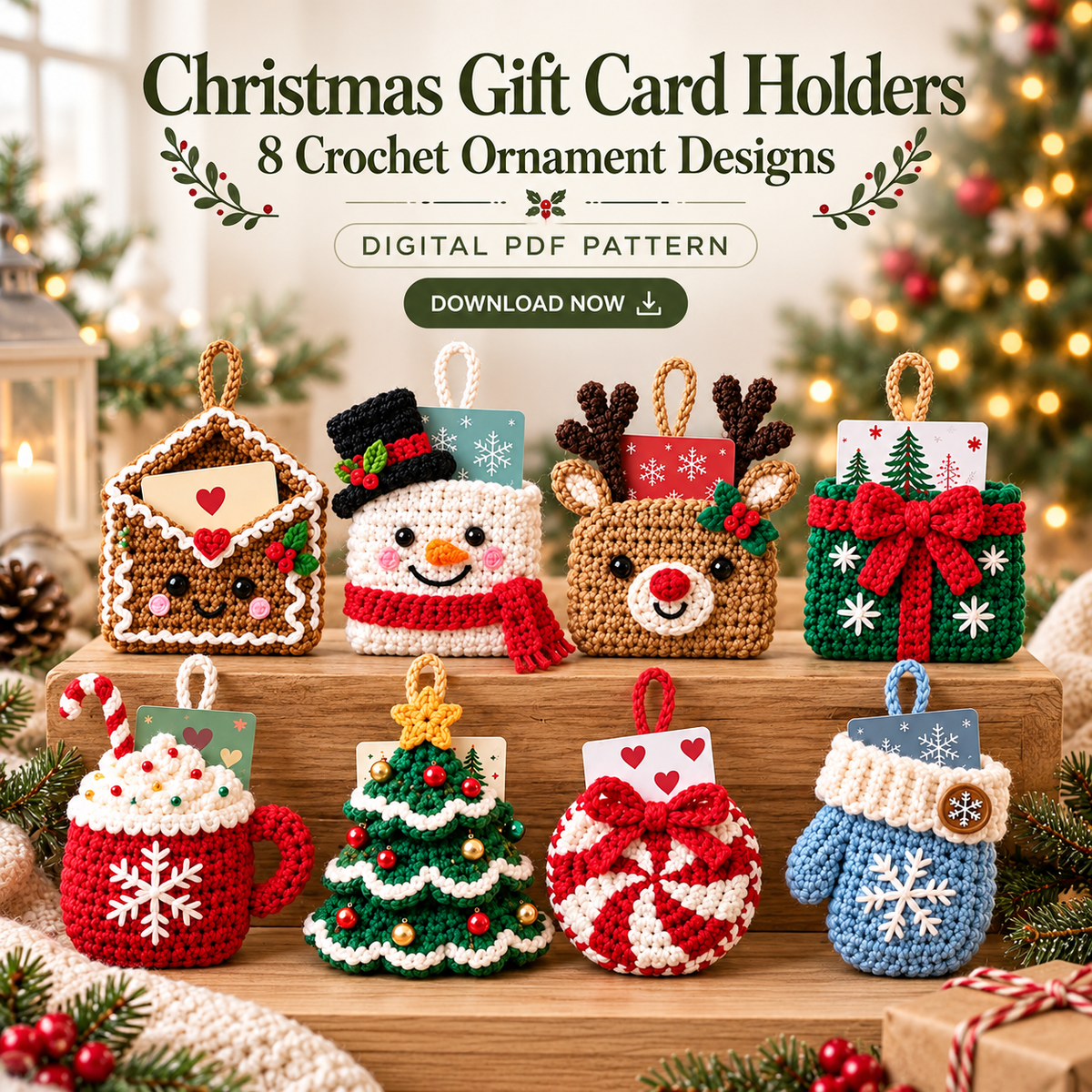 8 Christmas Gift Card Holder Crochet Patterns PDF – Ornament Bundle