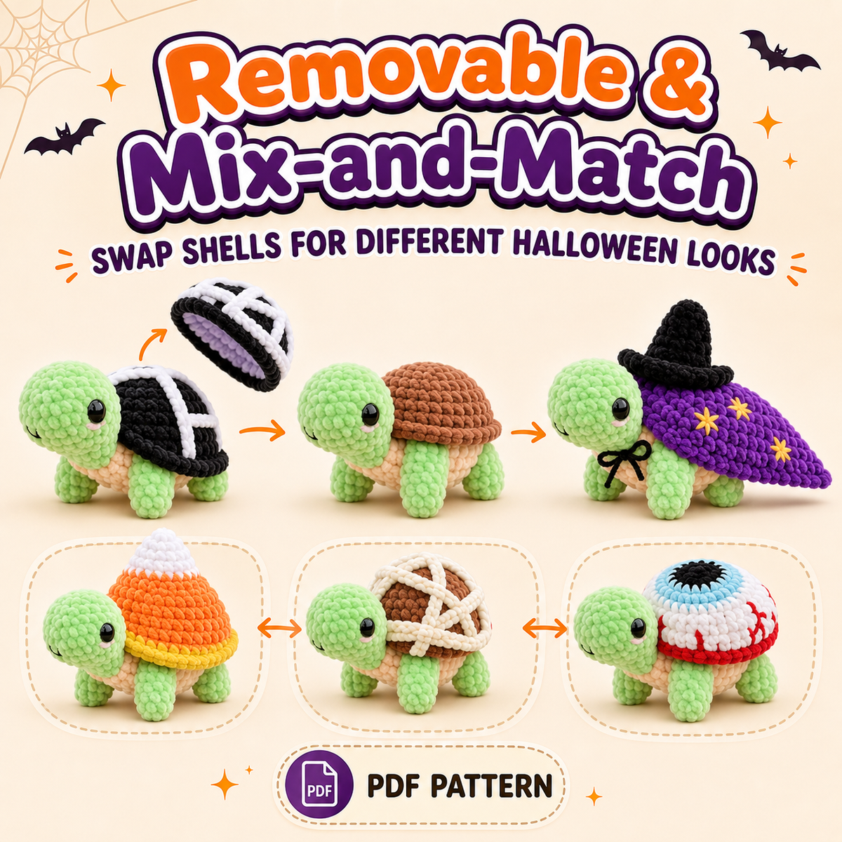 Turtle Crochet Pattern PDF – 12 Halloween Removable Shells, Amigurumi Dress-Up Bundle
