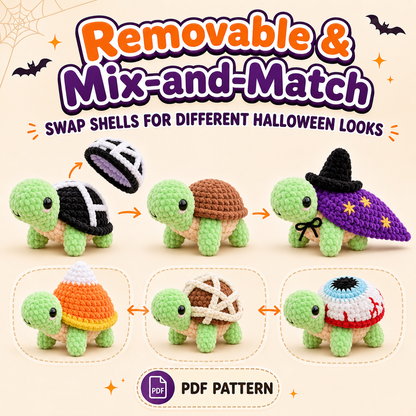 Turtle Crochet Pattern PDF – 12 Halloween Removable Shells, Amigurumi Dress-Up Bundle
