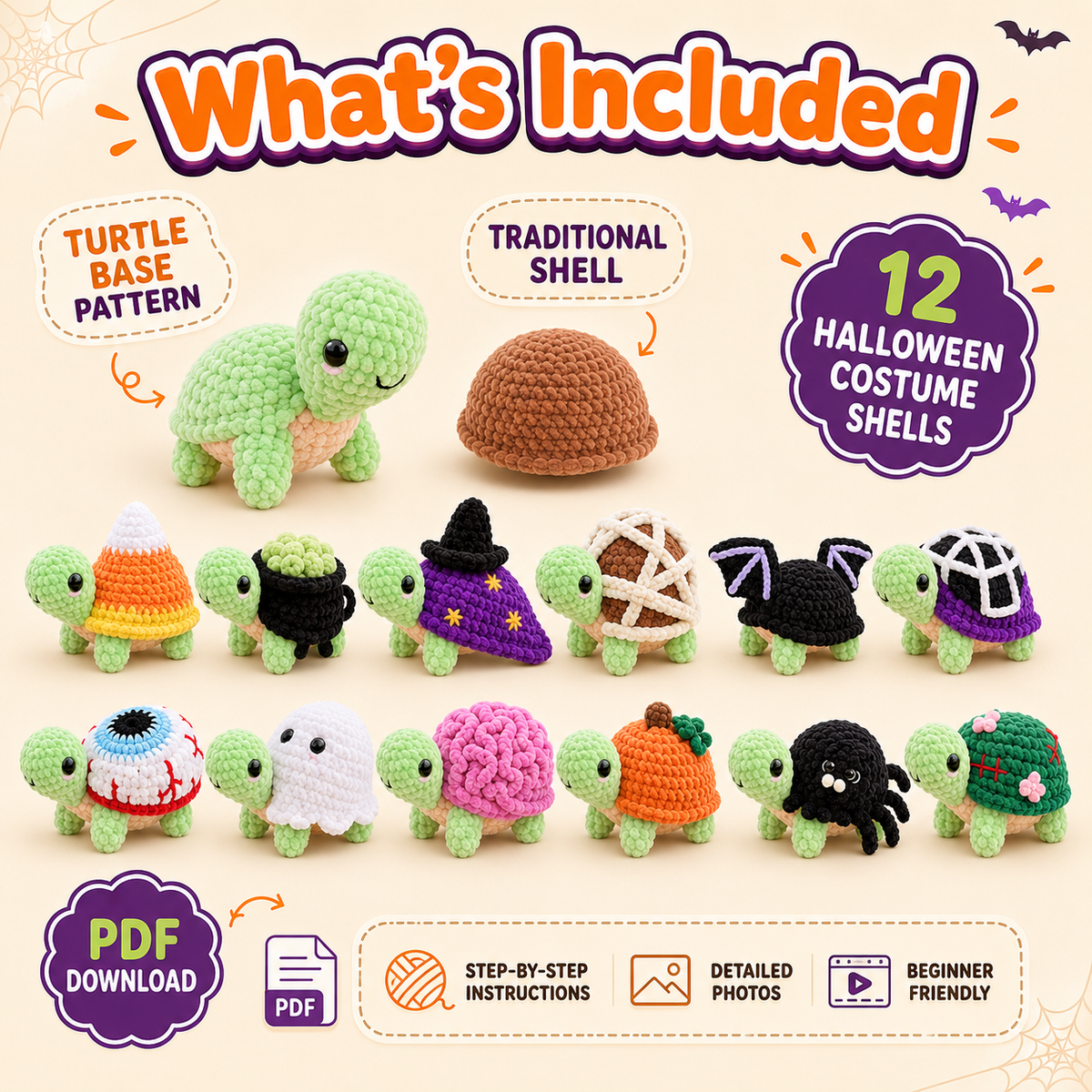 Turtle Crochet Pattern PDF – 12 Halloween Removable Shells, Amigurumi Dress-Up Bundle