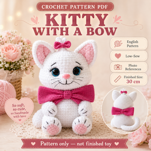 Kitty with a Bow Crochet Pattern PDF – Easy Low-Sew Cat Amigurumi Pattern, Plush Kitten Crochet Pattern, English Digital Download