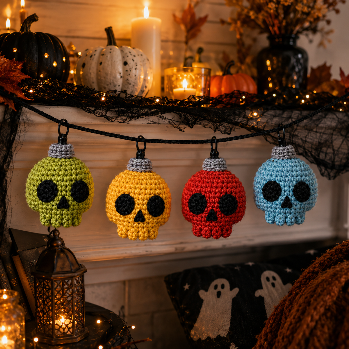 Crochet Skull String Lights Pattern PDF – Halloween Skull Garland, Spooky Crochet Decor, Amigurumi Light Bulb Pattern