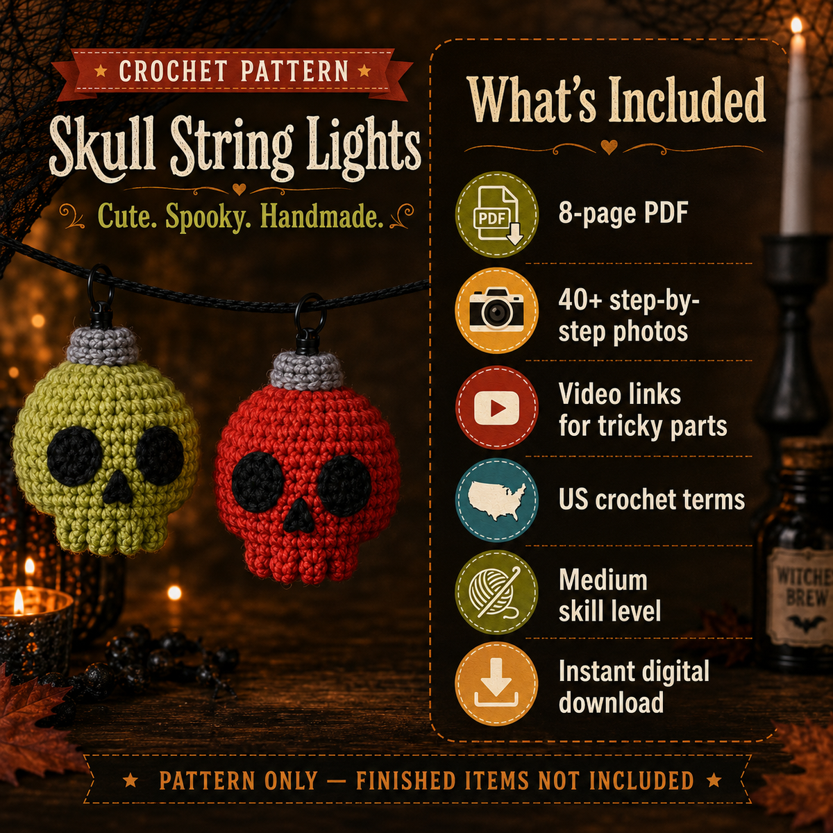 Crochet Skull String Lights Pattern PDF – Halloween Skull Garland, Spooky Crochet Decor, Amigurumi Light Bulb Pattern
