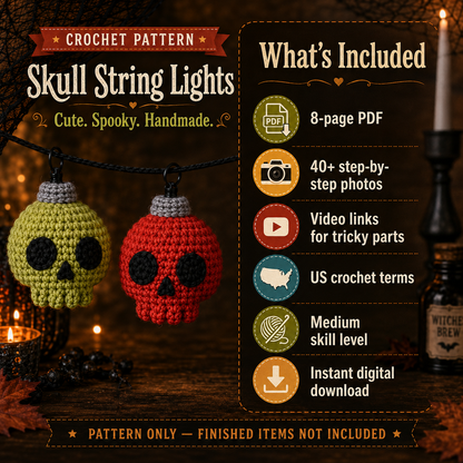 Crochet Skull String Lights Pattern PDF – Halloween Skull Garland, Spooky Crochet Decor, Amigurumi Light Bulb Pattern