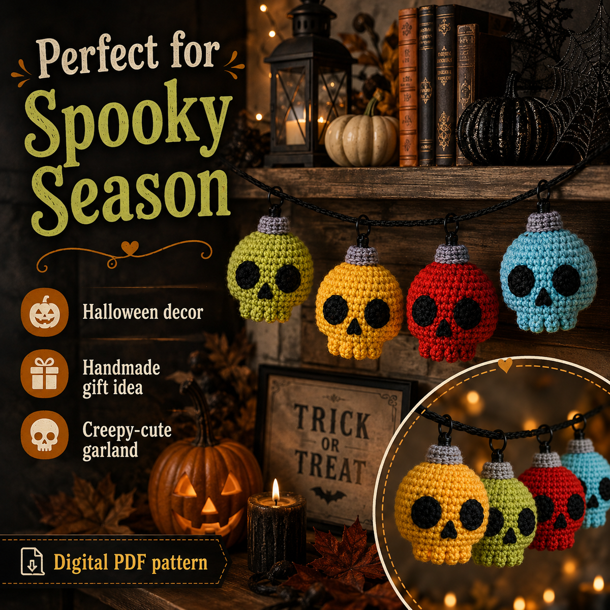 Crochet Skull String Lights Pattern PDF – Halloween Skull Garland, Spooky Crochet Decor, Amigurumi Light Bulb Pattern