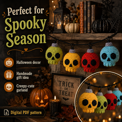 Crochet Skull String Lights Pattern PDF – Halloween Skull Garland, Spooky Crochet Decor, Amigurumi Light Bulb Pattern