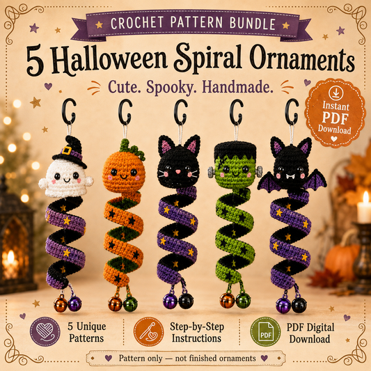 Halloween Wind Spinner Crochet Pattern Bundle PDF – 5 Spooky Amigurumi Hanging Ornaments, Ghost Pumpkin Cat Frankenstein Bat, Digital Download