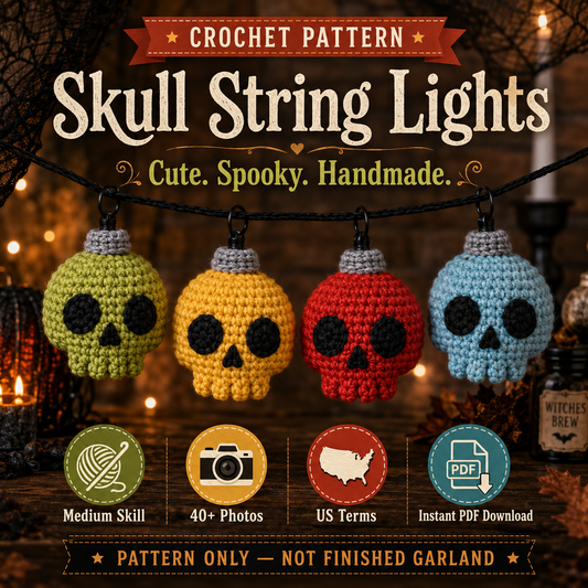 Crochet Skull String Lights Pattern PDF – Halloween Skull Garland, Spooky Crochet Decor, Amigurumi Light Bulb Pattern
