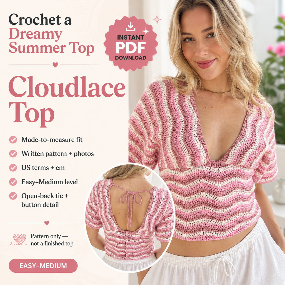 Cloudlace Crochet Top Pattern PDF – Made-to-Measure Summer Crochet Top, Open Back Tie Top, Digital Crochet Pattern