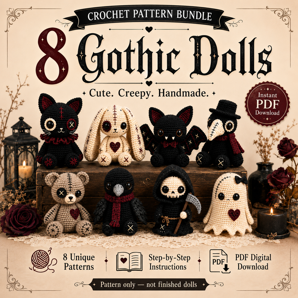 Gothic Crochet Pattern Bundle PDF – 8 Spooky Amigurumi Dolls, Halloween Crochet Patterns, Instant Download