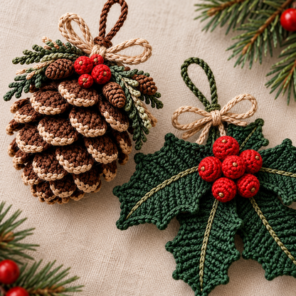 Christmas Crochet Ornament Pattern Bundle PDF – Pinecone, Holly & Mistletoe