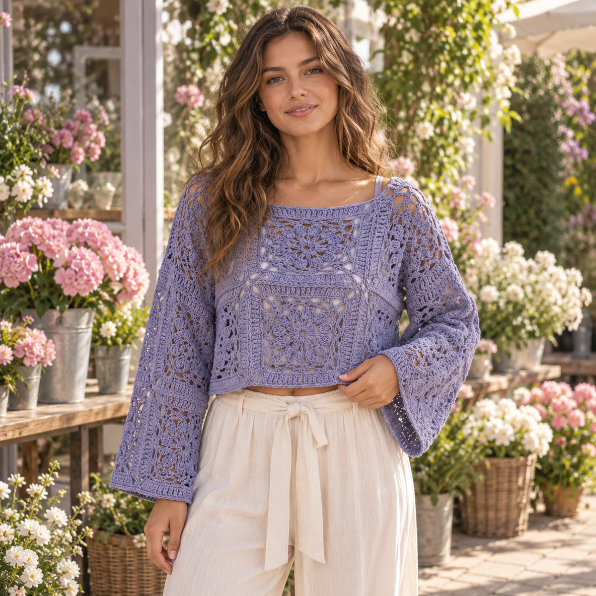 Cornflower Sweater Crochet Pattern PDF – Granny Square Lace Boho Pullover