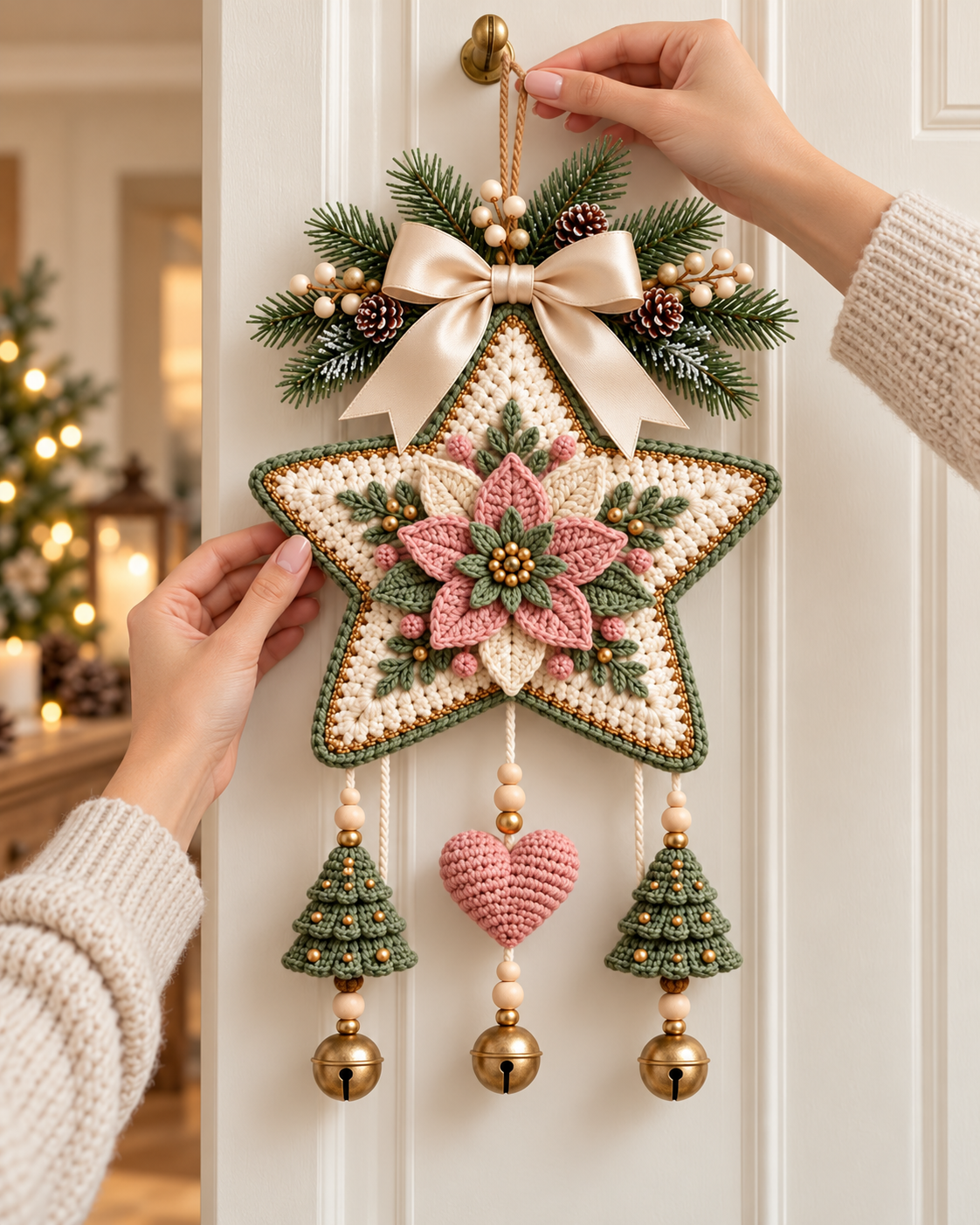 Crochet Christmas Star Door Hanging Pattern PDF – Poinsettia & Bells