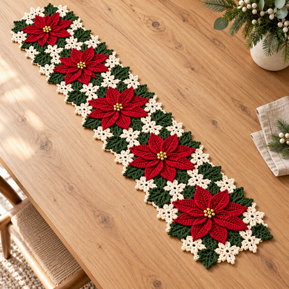 Poinsettia Crochet Table Runner Pattern PDF – Christmas Floral Table Decor
