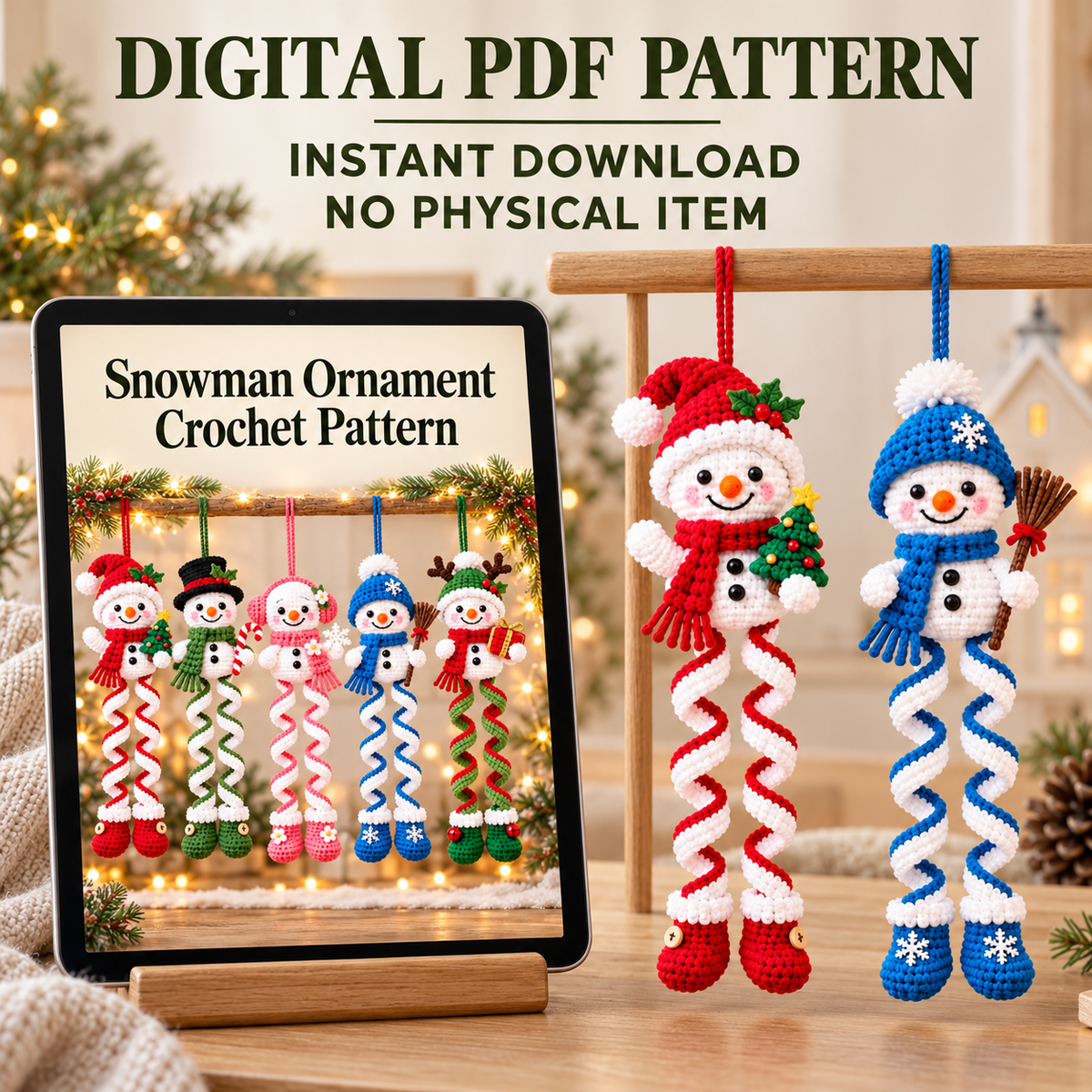 Crochet Snowman Ornament Pattern PDF – Christmas Spiral Leg Decorations