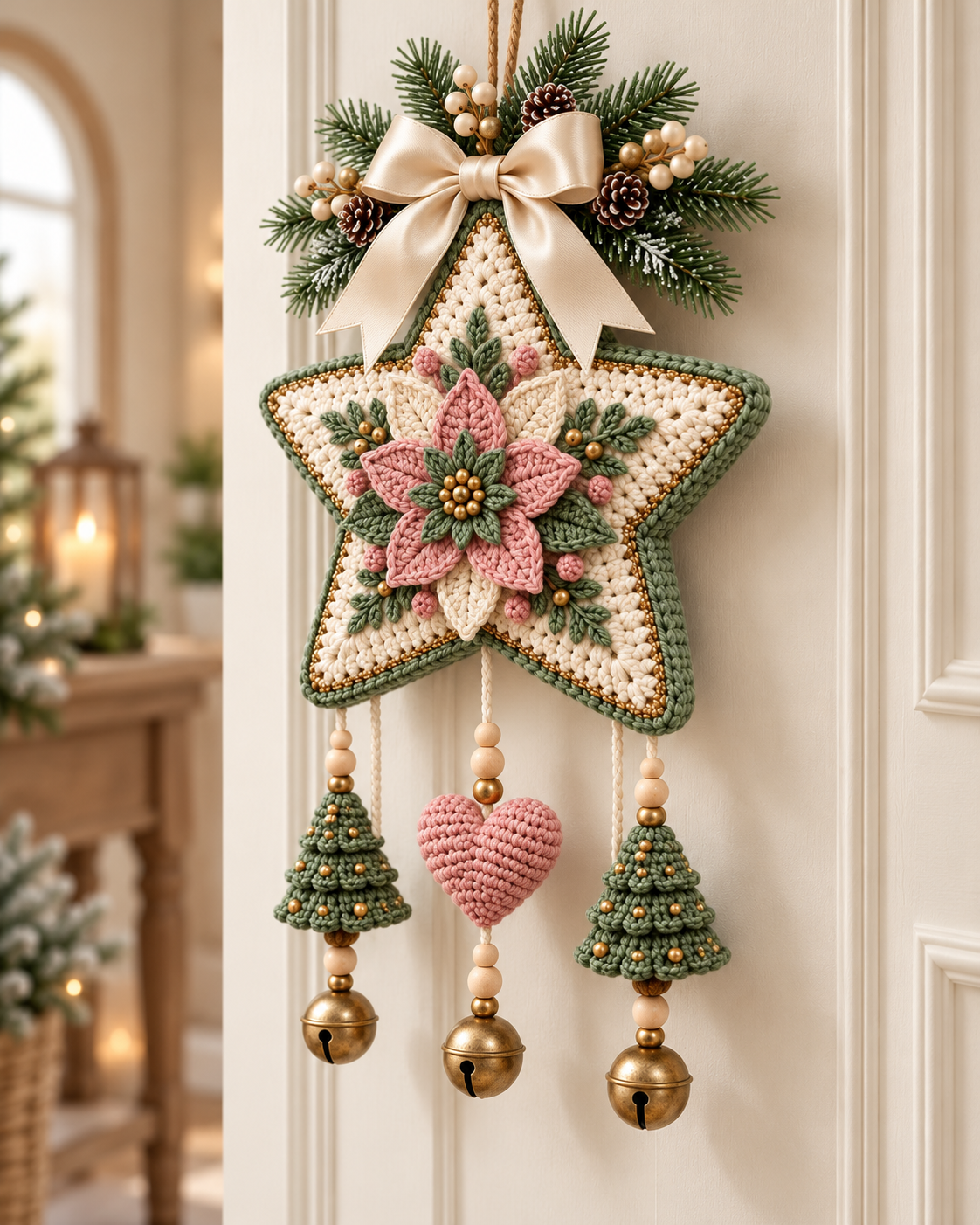 Crochet Christmas Star Door Hanging Pattern PDF – Poinsettia & Bells