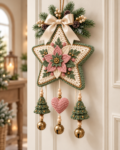 Crochet Christmas Star Door Hanging Pattern PDF – Poinsettia & Bells