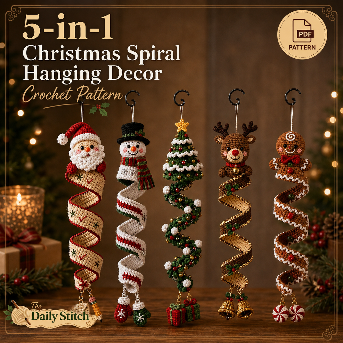 Christmas Spiral Ornament Crochet Pattern PDF | 5 in 1 Santa Snowman Reindeer Gingerbread Tree | Amigurumi Hanging Decor Digital Download