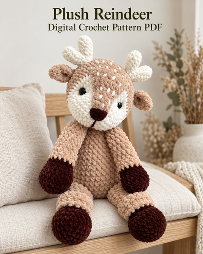 Reindeer Crochet Pattern PDF – Plush Amigurumi Deer, Easy Low-Sew
