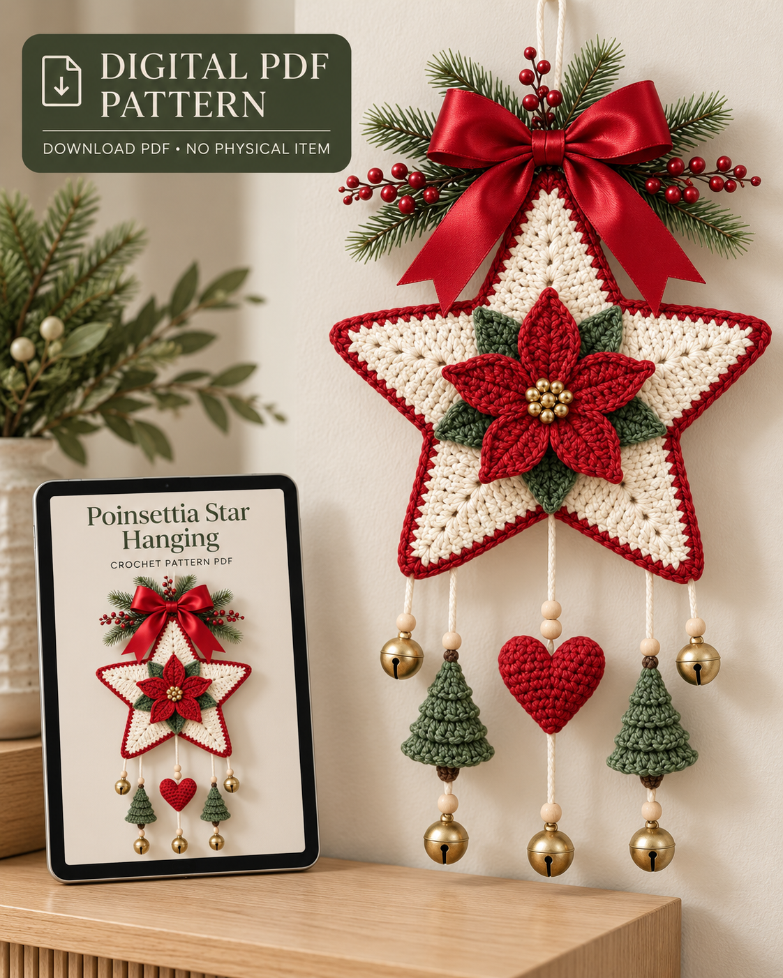 Crochet Poinsettia Star Ornament Pattern PDF – Christmas Wall Hanging